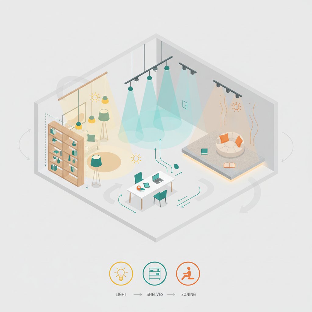 Зонування без стін: як використовувати світло та стелажі для створення функціональних зон