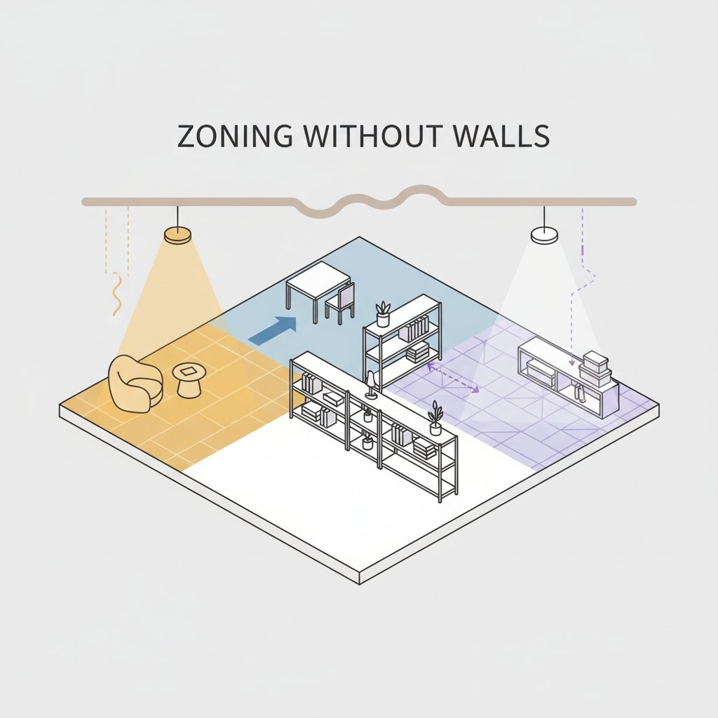 Зонування без стін: як використовувати світло та стелажі для створення функціональних зон