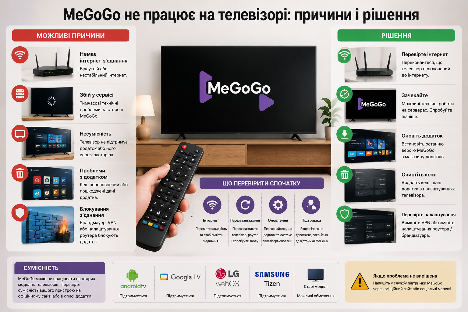 Інфографіка з причинами та способами усунення проблем із роботою додатку MeGoGo на телевізорі