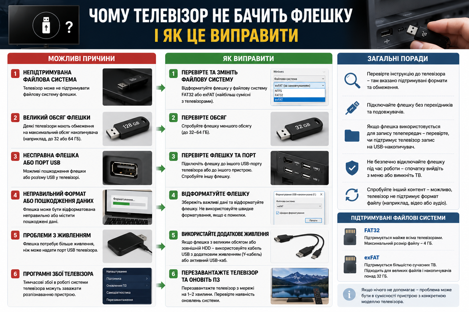 Інфографіка про основні причини, через які телевізор не розпізнає USB-флешку. Пояснення щодо файлових систем, форматування, сумісності накопичувачів і способів усунення проблеми.