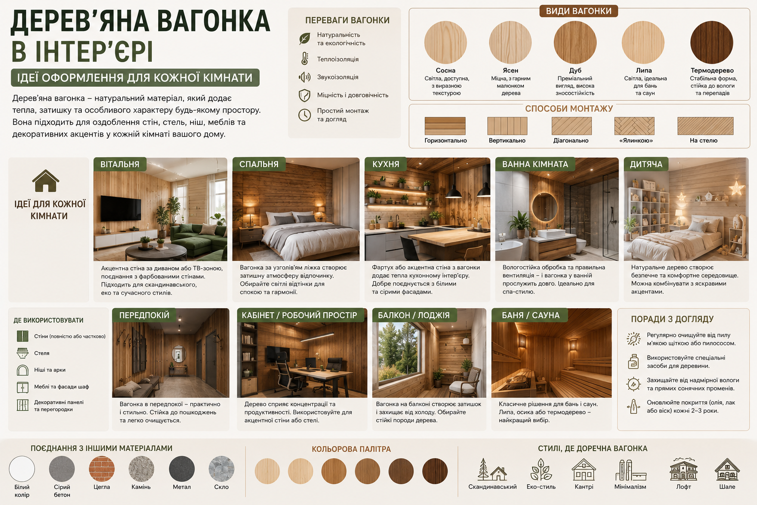 Інфографіка про використання дерев'яної вагонки в інтер'єрі різних кімнат