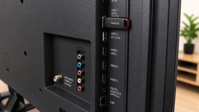 Крупний план USB-флешки, підключеної до порту телевізора. Фото ілюструє використання USB-накопичувача для перегляду фото, відео та інших мультимедійних файлів на Smart TV.