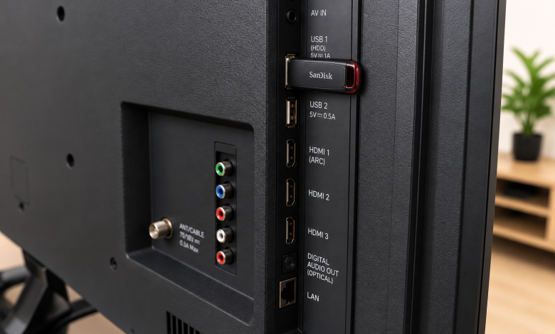 Крупний план USB-флешки, підключеної до порту телевізора. Фото ілюструє використання USB-накопичувача для перегляду фото, відео та інших мультимедійних файлів на Smart TV.