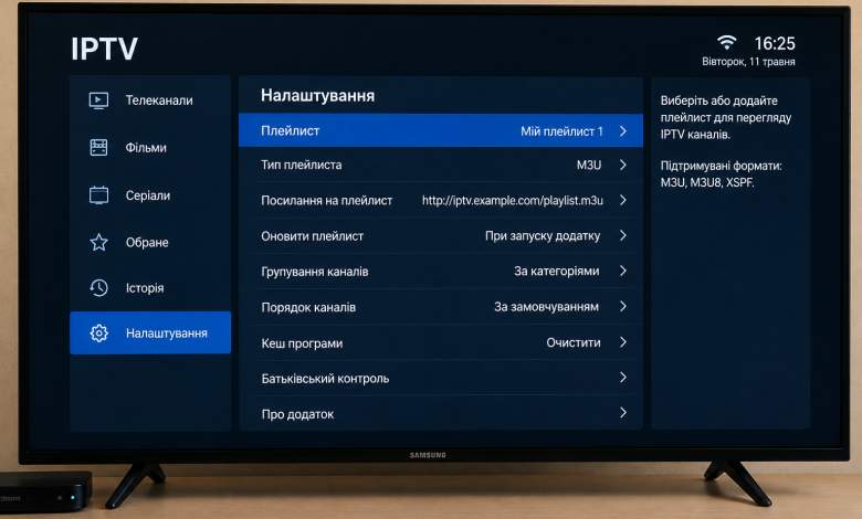 Екран телевізора з меню налаштувань додатку IPTV та плейлистом каналів