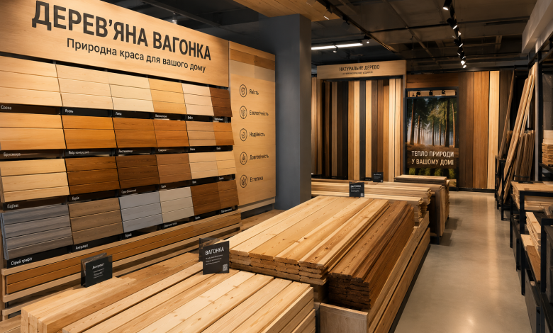 Виставковий зал із дерев'яною вагонкою різних порід і відтінків