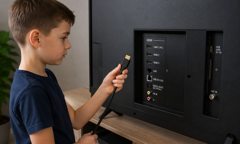 Дитина тримає HDMI-кабель біля роз'ємів телевізора, готуючись підключити ноутбук або інший пристрій. Фото демонструє дротове підключення телевізора через HDMI.