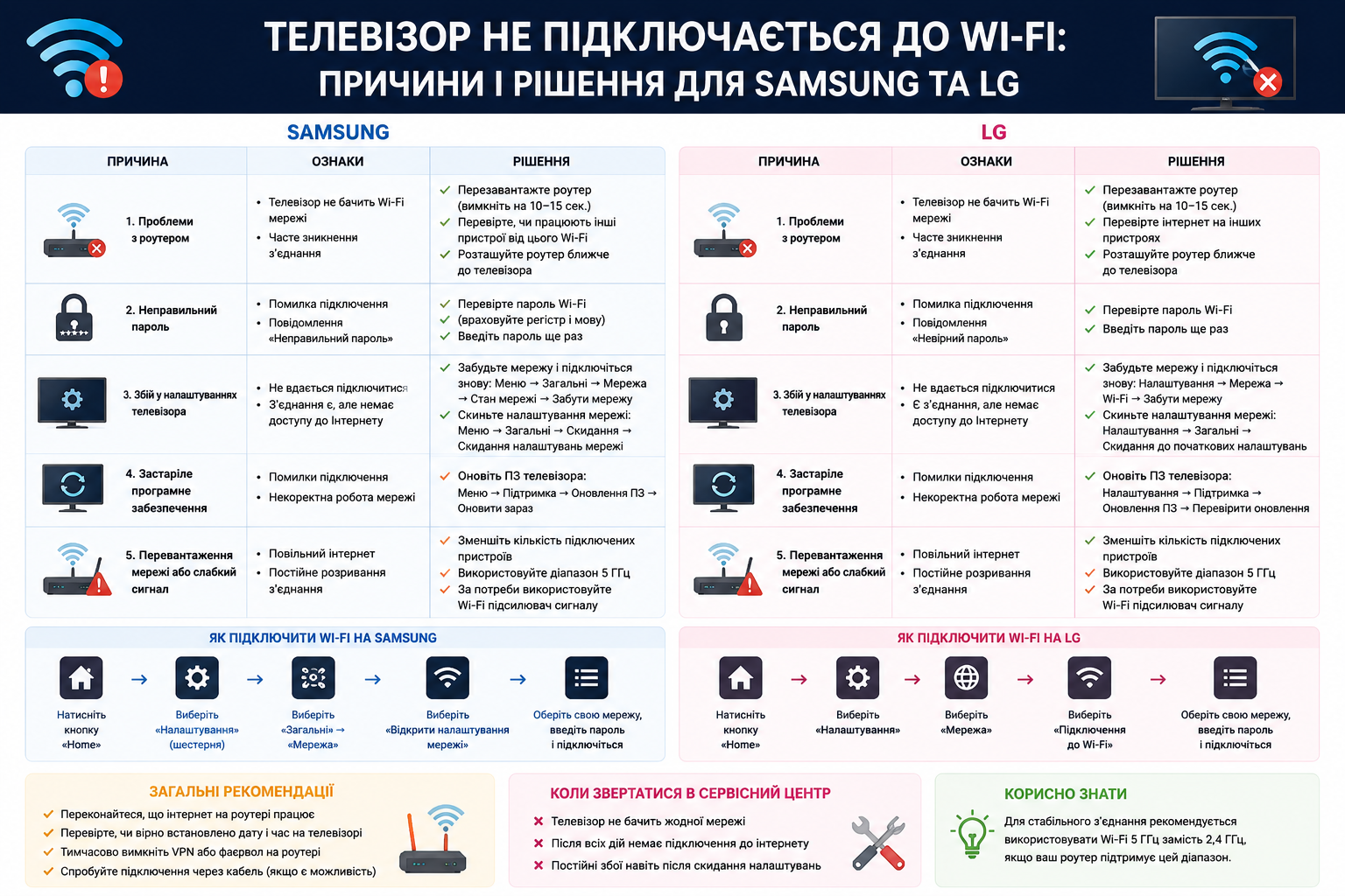 Інфографіка з причинами та рішеннями проблем підключення Wi-Fi на Samsung та LG