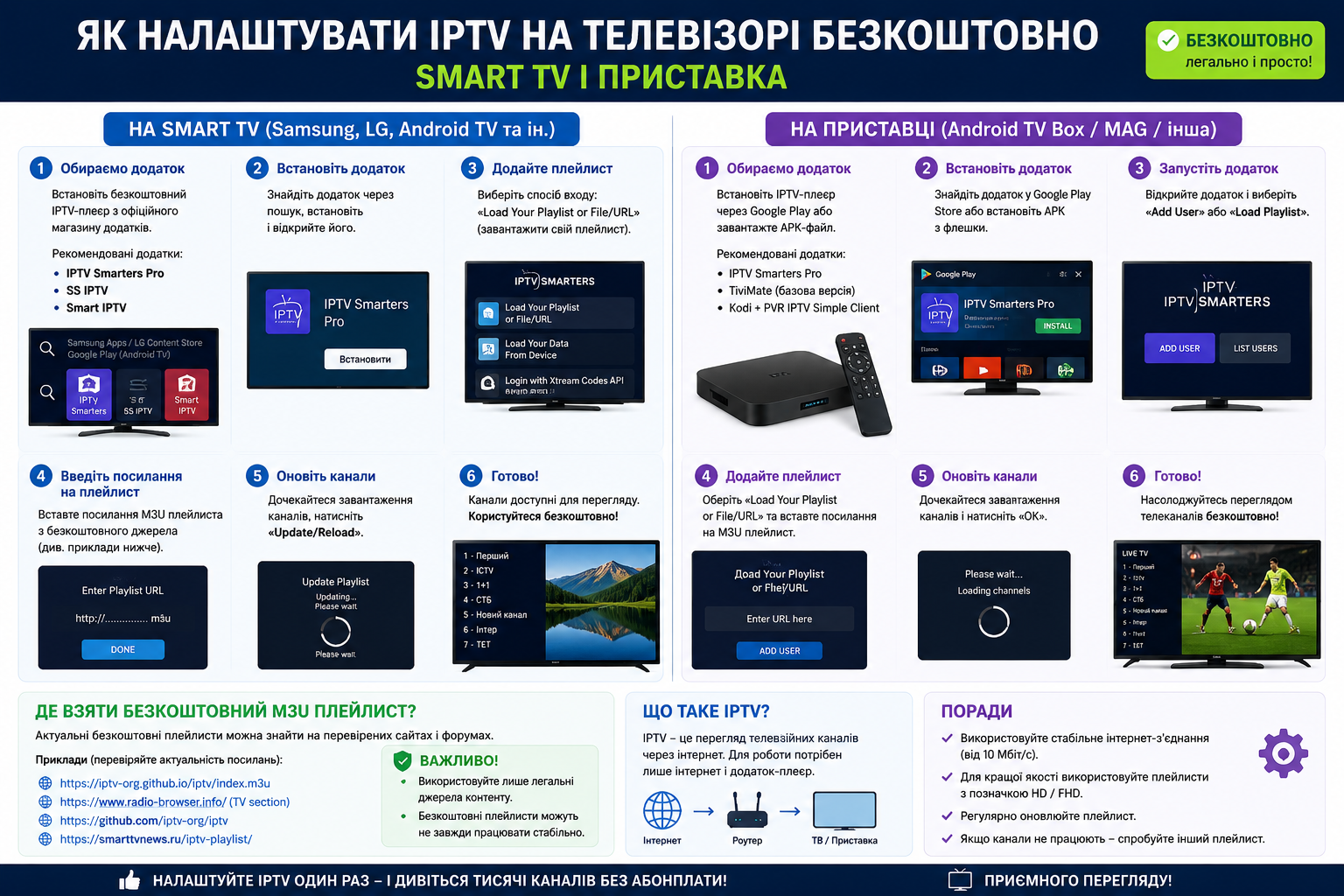 Інфографіка з покроковою інструкцією налаштування IPTV на Smart TV та приставці