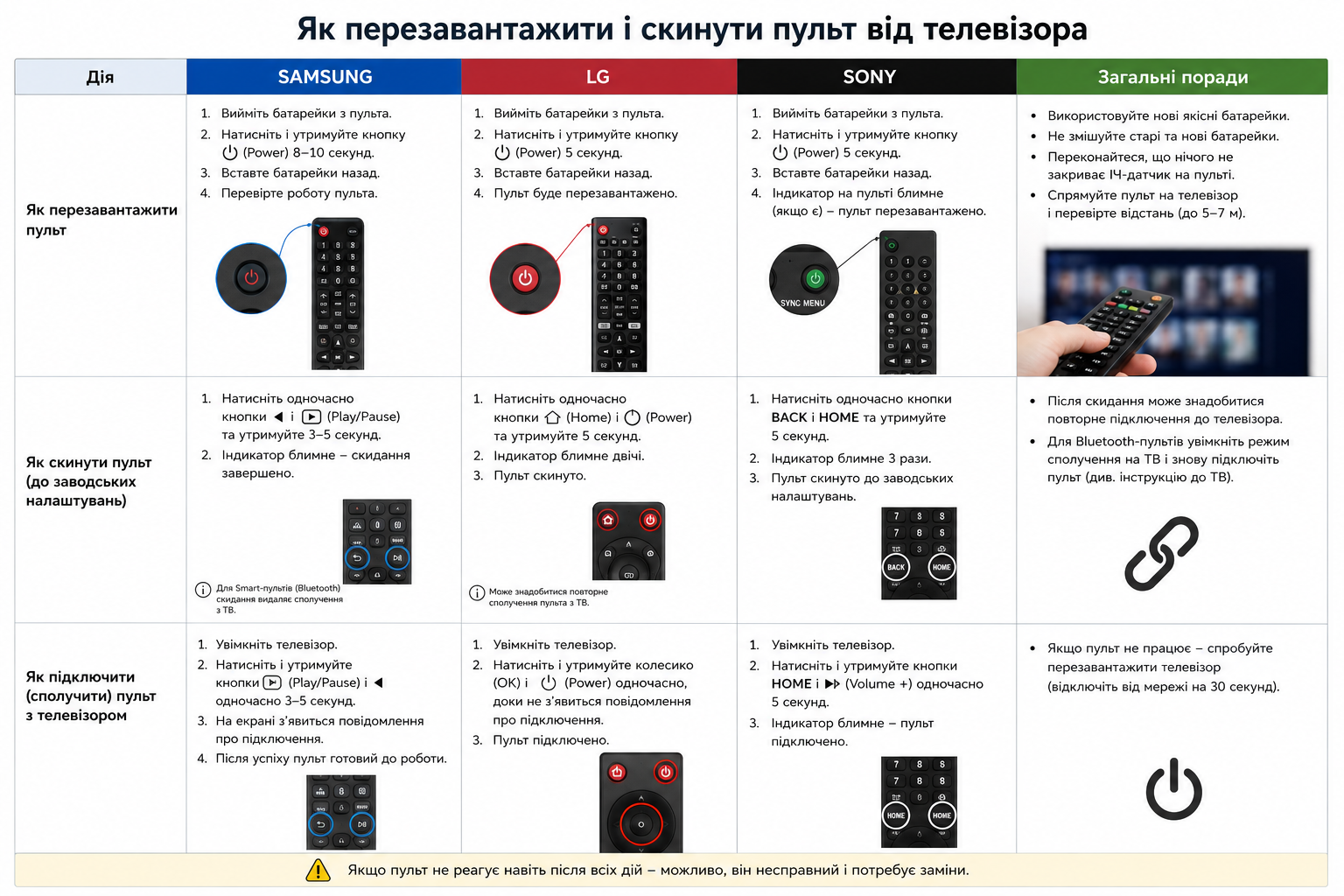 Інструкція з перезавантаження та скидання налаштувань пульта Samsung, LG, Sony