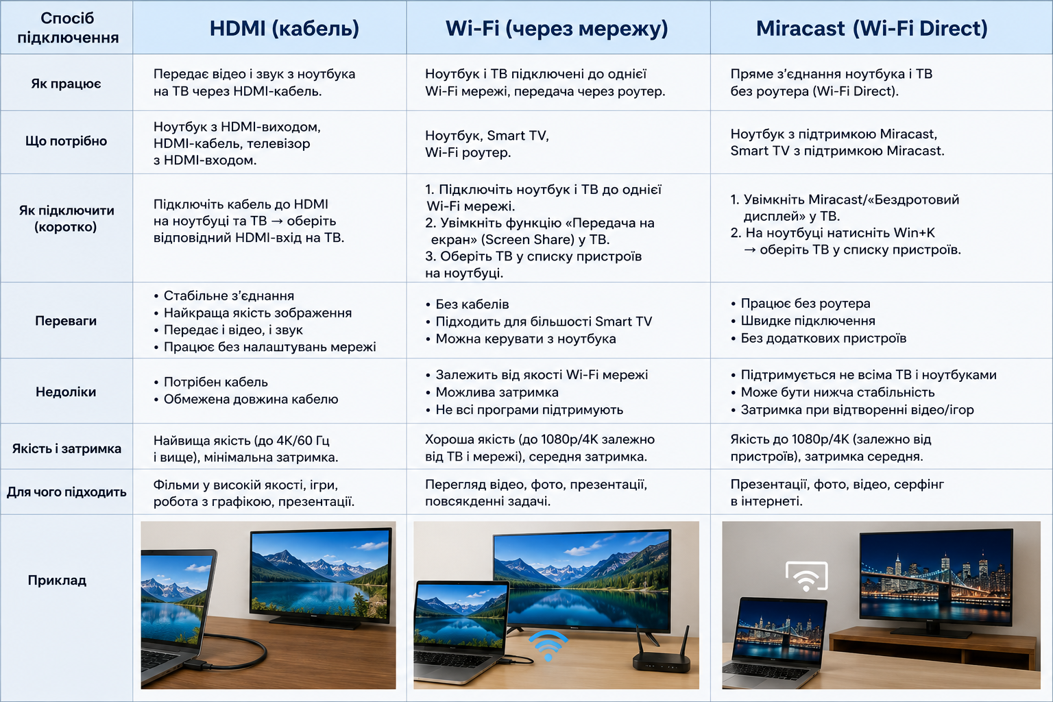Інфографіка з порівнянням способів підключення ноутбука до телевізора через HDMI, Wi-Fi та Miracast. Опис переваг, недоліків, вимог і сценаріїв використання кожного способу.