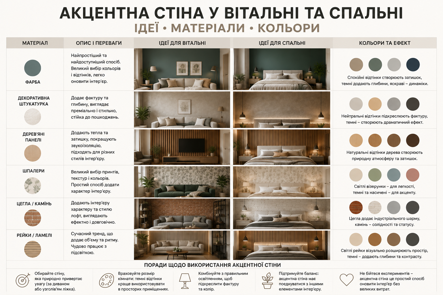Інфографіка з варіантами акцентних стін для вітальні та спальні з фарбою, декоративною штукатуркою, дерев’яними панелями, шпалерами, цеглою та рейками