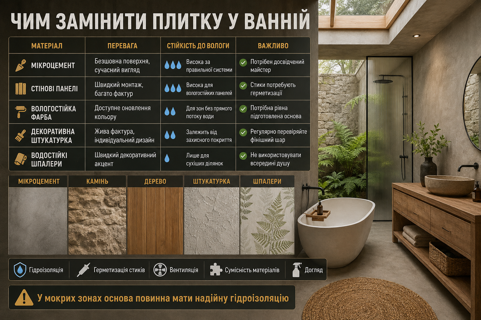 Інфографіка про альтернативи плитці у ванній: мікроцемент, стінові панелі, вологостійка фарба, штукатурка та шпалери