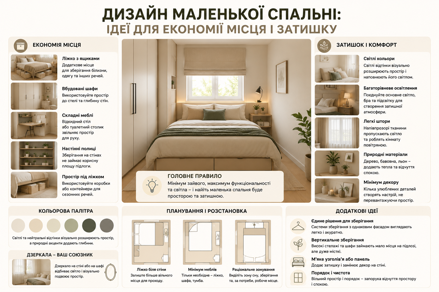 Інфографіка з ідеями дизайну маленької спальні, компактного зберігання та розташування меблів