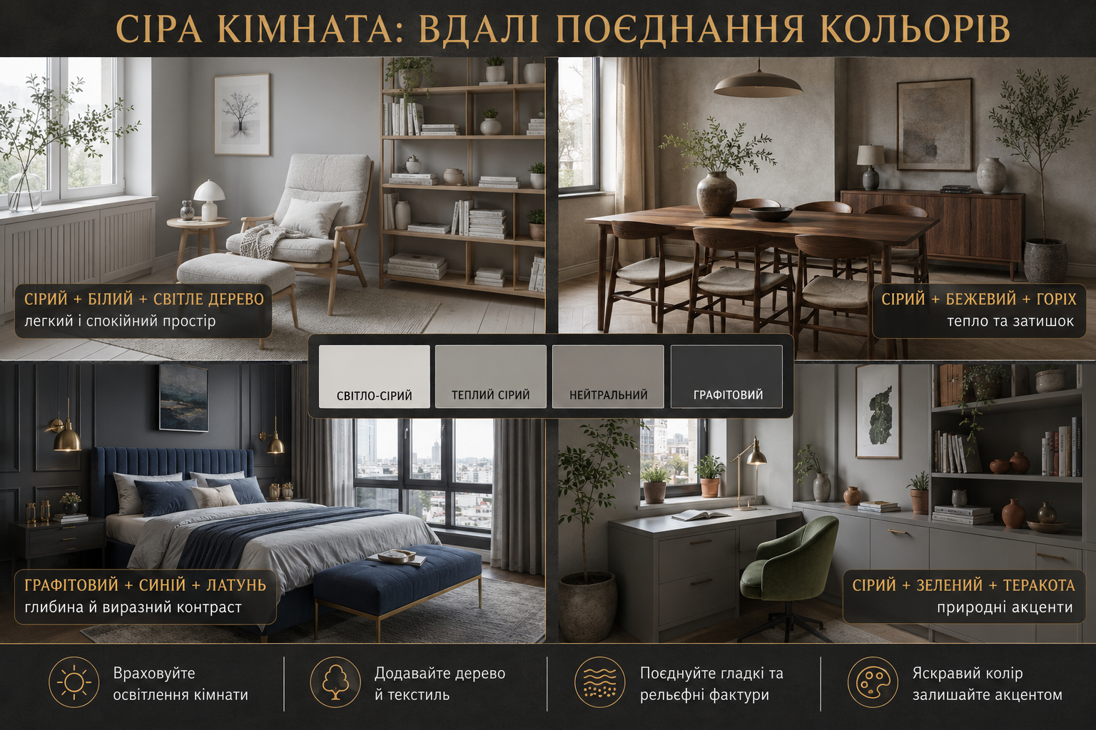 Інфографіка з прикладами поєднання сірого з білим, деревом, бежевим, синім, зеленим і теракотовим кольорами